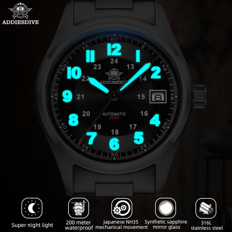 ADDIESDIVE AD2048 自動巻きダイバーウォッチ サファイアガラス 200m防水