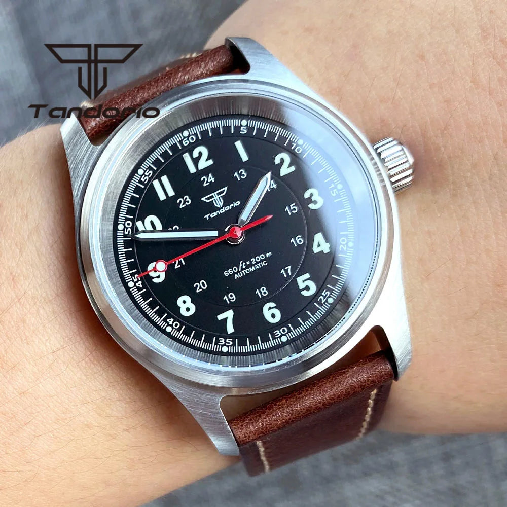 Tandorio 36mm 自動巻き パイロット／ダイバーウォッチ 20気圧防水 グリーン夜光