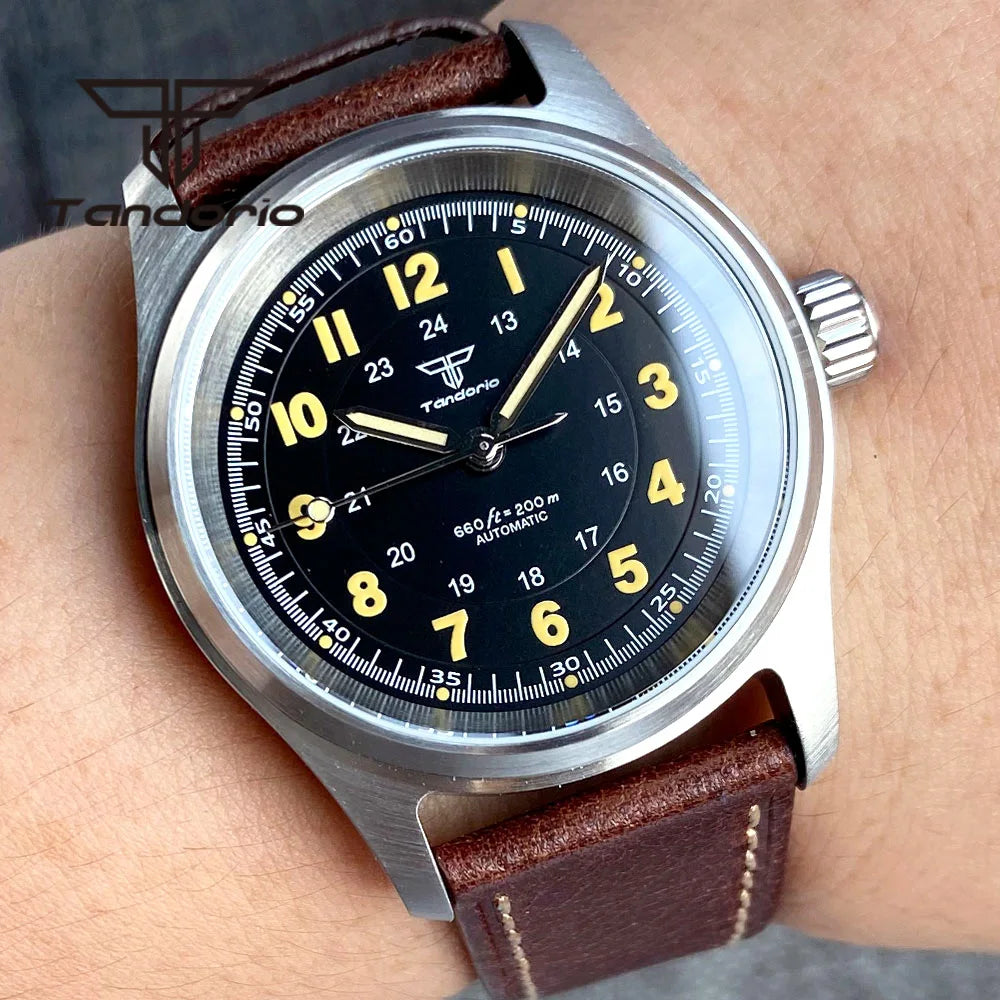 Tandorio 36mm 自動巻き パイロット／ダイバーウォッチ 20気圧防水 グリーン夜光