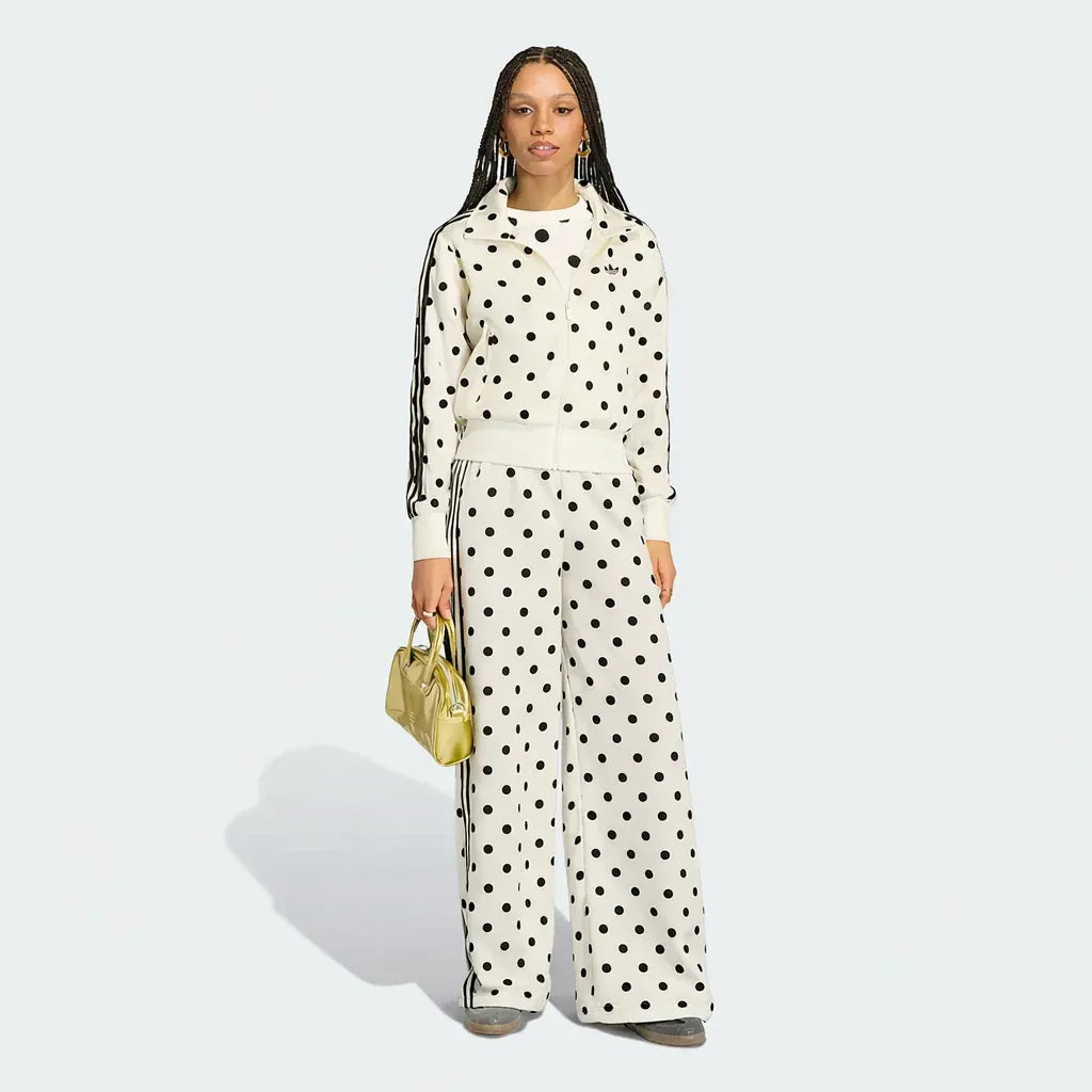 White polka dots satin track set for women — matching tracksuit jacket and wide-leg pants, sporty satin two-piece outfit